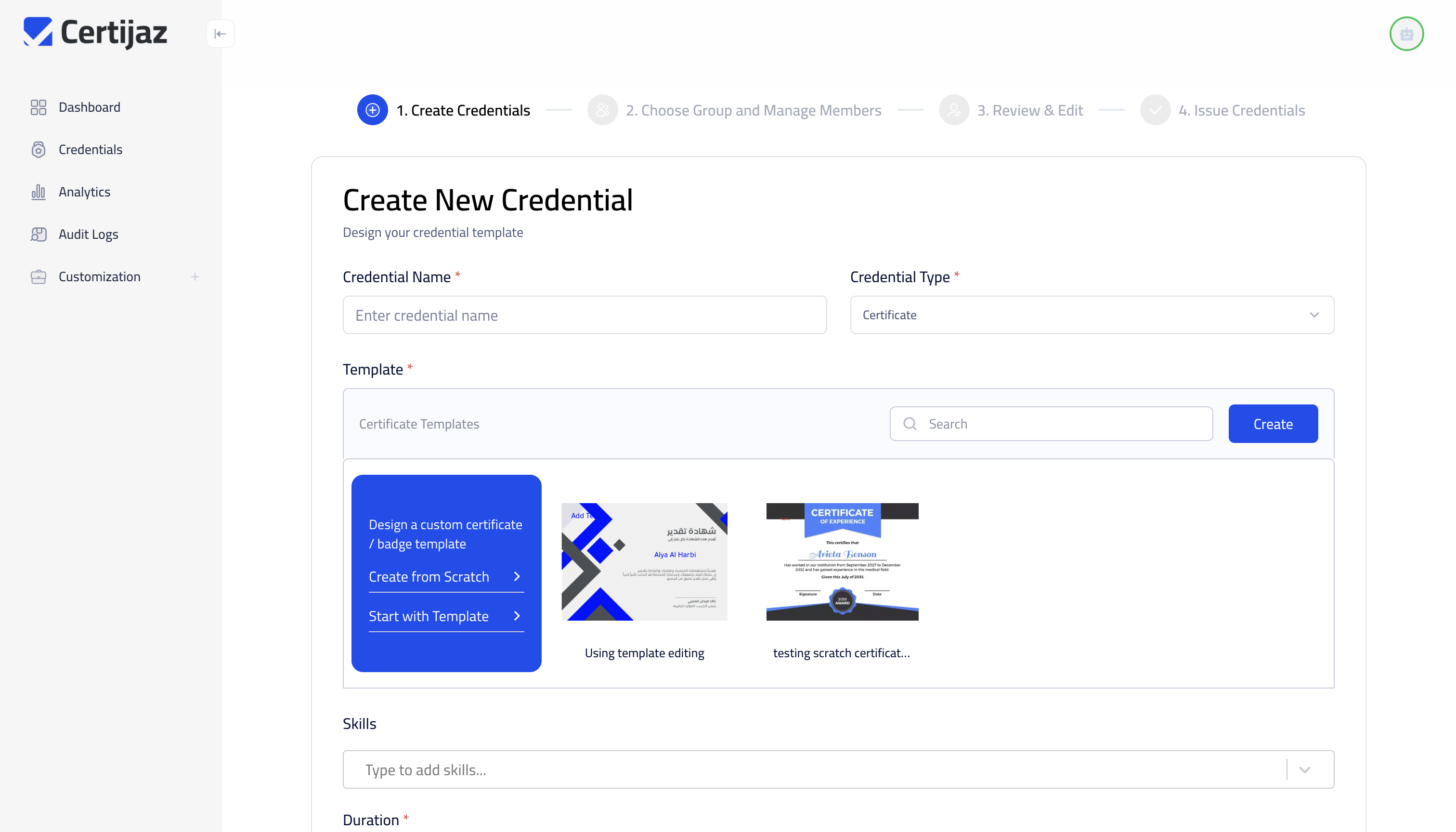 Create new credential screen